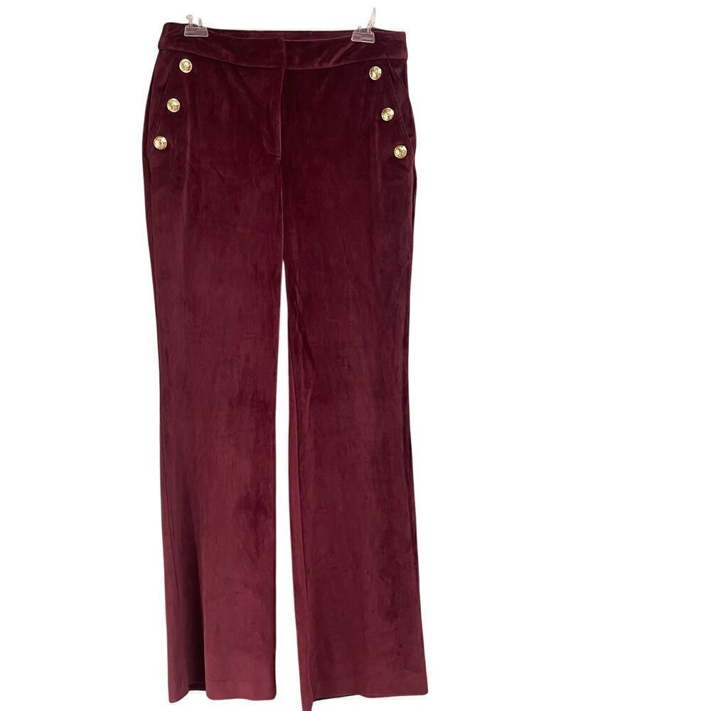 Maison D'Amelie Velvet Wide Leg Pants Size 6 Wine Trouser Holiday Gold Button